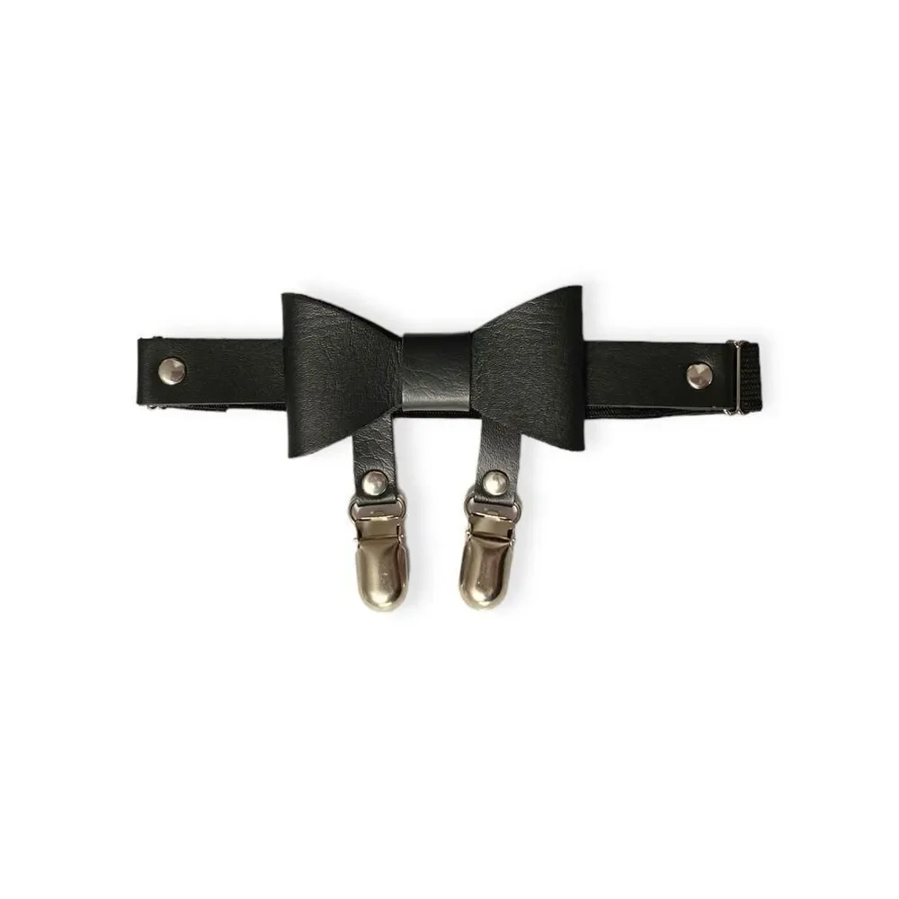 Black Bow Tie Adjustable Leg Harness Dual Clips Garter Belt NWT